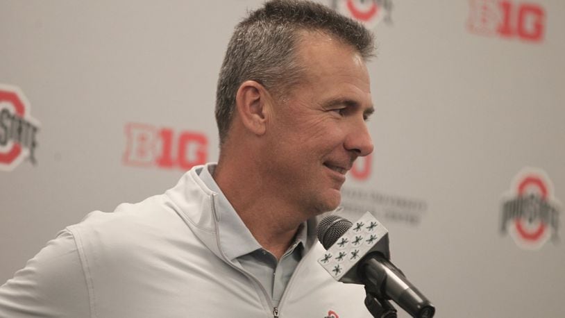 Ohio State’s Urban Meyer talks to reporters on Monday, Aug. 28, 2017, at the Woody Hayes Athletic Center in Columbus. David Jablonski/Staff
