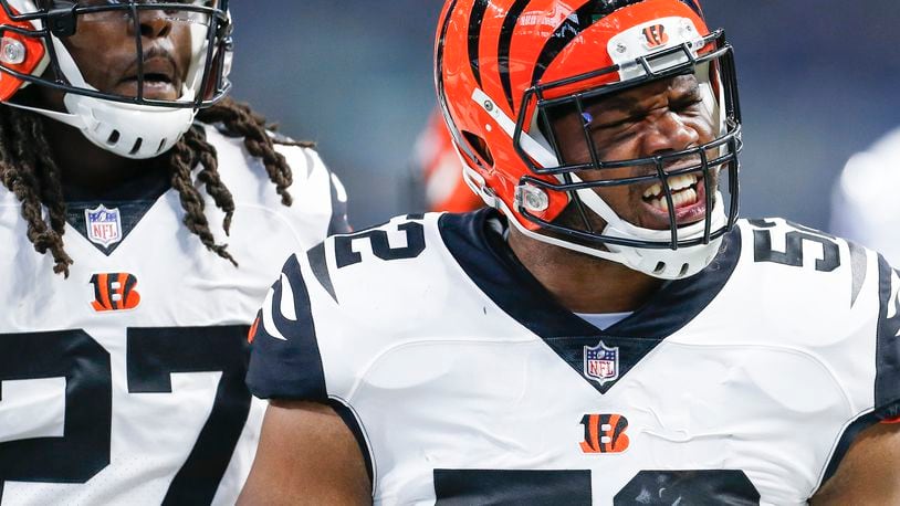 Cincinnati Bengals linebacker Preston Brown (52) reacts after intercepting an Andrew Luck pass against the Indianapolis Colts on Sunday, Sept. 9, 2018 at Lucas Oil Stadium in Indianapolis, Ind. (Sam Riche/TNS)