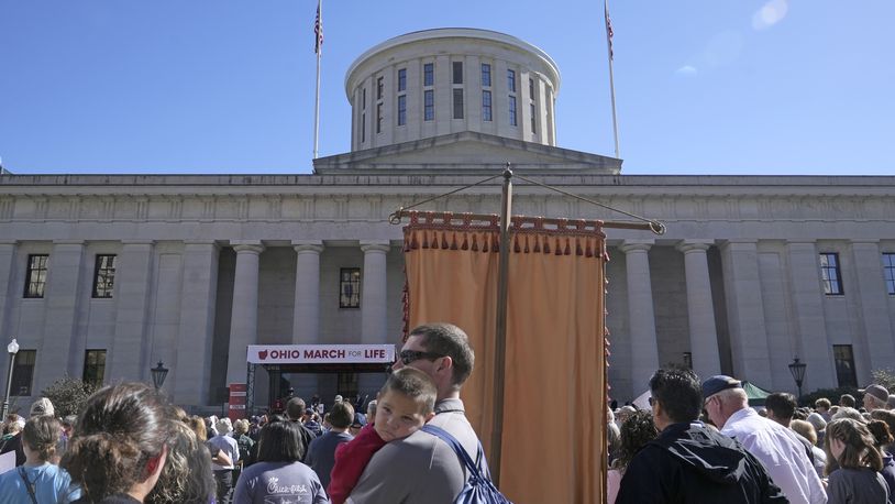 Demonstrators turn out for “Ohio March for Life” to support ending abortion access in Ohio at the Statehouse in Columbus, Ohio on Wednesday, Oct. 5, 2022.   (Barbara Perenic /The Columbus Dispatch via AP)