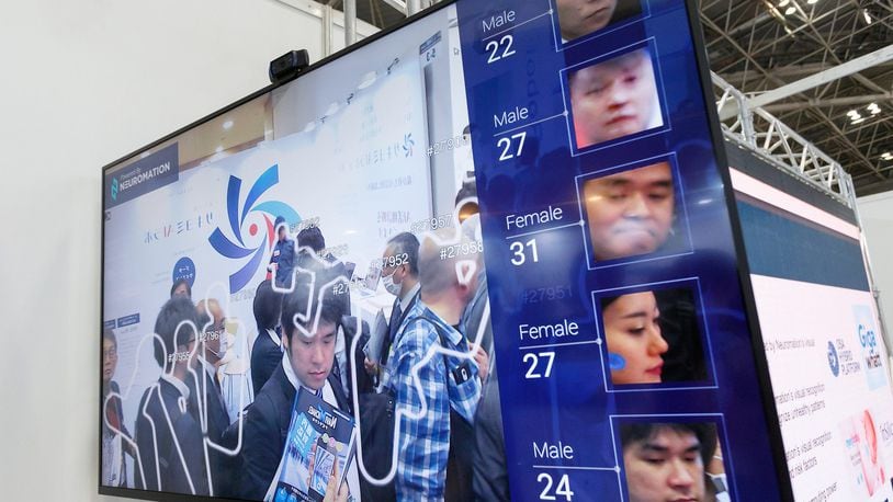 A facial recognition system shows visitors’ faces and ages during the 2nd AI Expo at Tokyo Big Sight on April 5, 2018, Tokyo, Japan. (Rodrigo Reyes Marin/AFLO/Zuma Press/TNS)