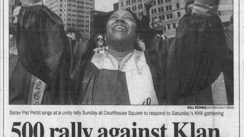 The front page of the March 21, 1994 Dayton Daily News carried coverage a community rally to cleanse Courthouse Square the day after the Ku Klux Klan’s last rally in Dayton. Local groups plan a similar event next Sunday after a KKK-affiliated rally on Saturday.