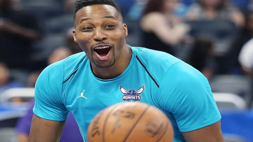The Charlotte Hornets' Dwight Howard before the start of play against the Orlando Magic at the Amway Center in Orlando, Fla., on Friday, April 6, 2018. (Stephen M. Dowell/Orlando Sentinel/TNS)