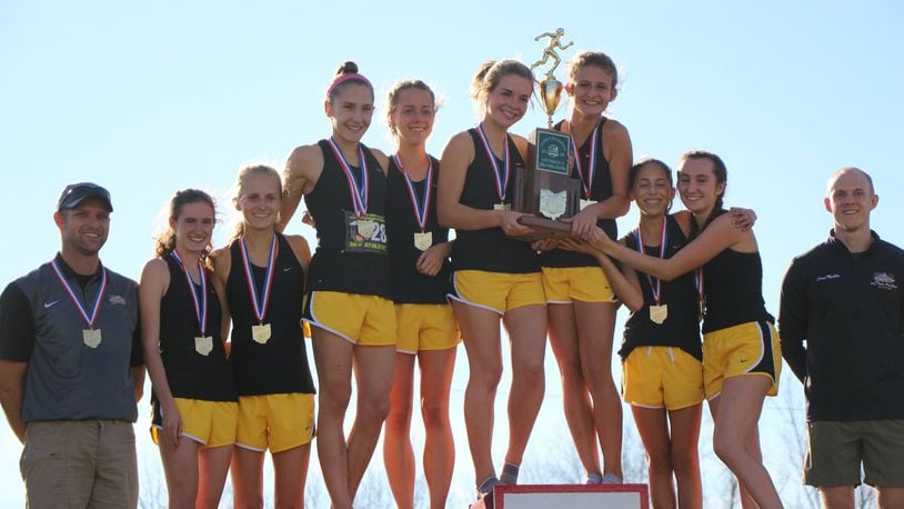 Centerville celebrates the Division I state cross country championship in 2016. CONTRIBUTED PHOTO