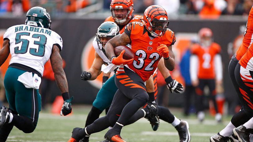 CINCINNATI, OH - DECEMBER 4: Jeremy Hill #32 of the Cincinnati Bengals carries the ball during the first quarter of the game against the Philadelphia Eagles at Paul Brown Stadium on December 4, 2016 in Cincinnati, Ohio. (Photo by Gregory Shamus/Getty Images)