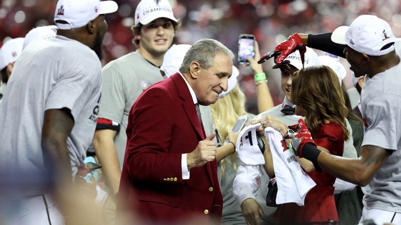ATLANTA, GA - JANUARY 22: Atlanta Falcons owner Arthur Blank celebrates with his team after defeating the Green Bay Packers in the NFC Championship Game at the Georgia Dome on January 22, 2017 in Atlanta, Georgia. The Falcons defeated the Packers 44-21. (Photo by Rob Carr/Getty Images)