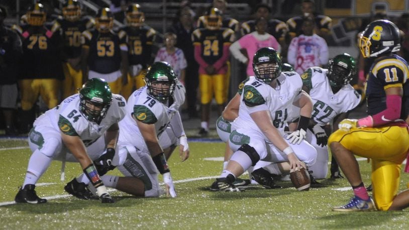 Northmont offensive linemen Chane Prysock (left), David Weherley, Logan Kincer and Jalen Hinton. Northmont defeated host Springfield 22-10 in a Week 7 GWOC crossover game on Friday, Oct. 6, 2017. MARC PENDLETON / STAFF