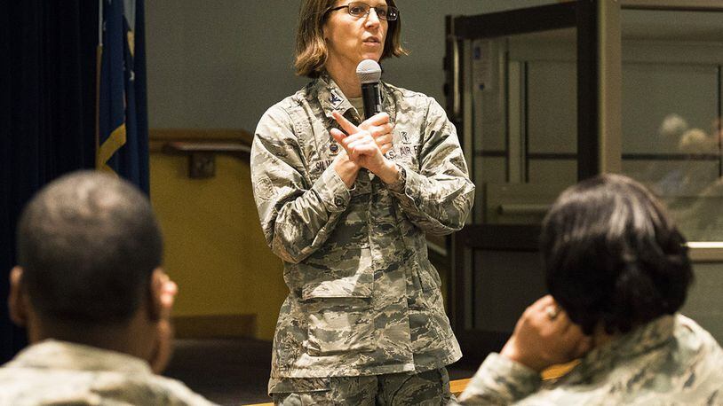 Col. Shari Silverman, 88th Medical Group commander, address the final Beneficiary Town Hall in the Medical Center Auditorium. (U.S. Air Force photo/Jim Varhegyi)