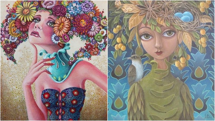 A pop-up exhibit Friday and Saturday will showcase the art, jewelry and fashion of Laine Bachman and Amy Kollar Anderson. The painting on the right was done by Anderson, and the painting on the left was done by Bachman. SUBMITTED. SUBMITTED PHOTO