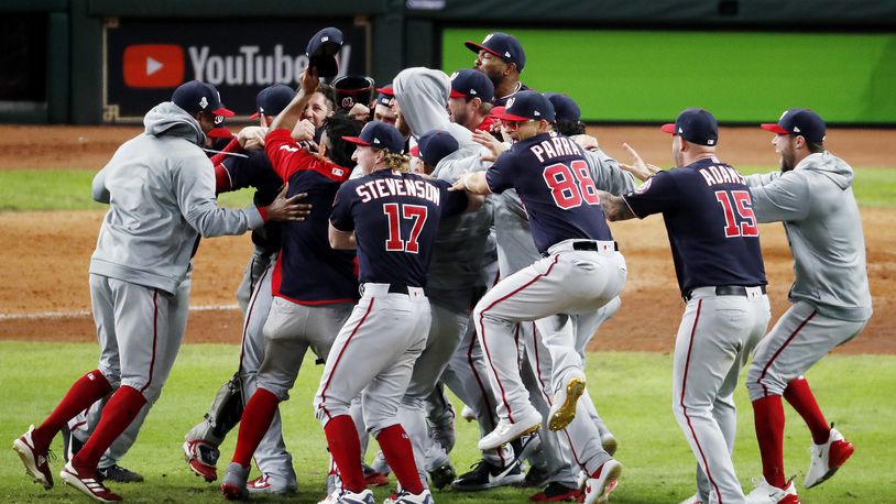 HOUSTON, TEXAS - OCTOBER 30: The Washington Nationals celebrate after defeating the Houston Astros in Game Seven to win the 2019 World Series at Minute Maid Park on October 30, 2019 in Houston, Texas. The Washington Nationals defeated the Houston Astros with a score of 6 to 2. (Photo by Tim Warner/Getty Images)