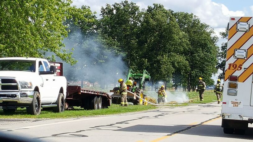Crews were called Sunday evening to a report of large hay bails on fire on a moving truck near Jaysville St. John and Sebring Warner roads in Greenville Twp.