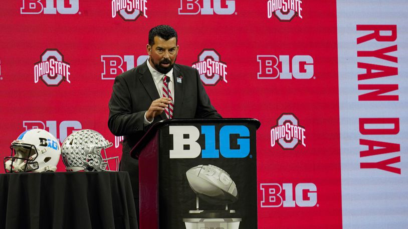 Ohio State head coach Ryan Day talks to reporters during an NCAA college football news conference at the Big Ten Conference media days, at Lucas Oil Stadium in Indianapolis, Friday, July 23, 2021. (AP Photo/Michael Conroy)