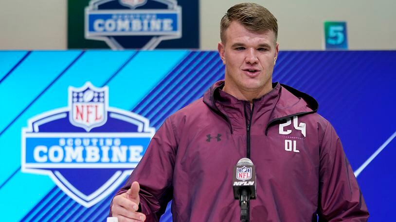INDIANAPOLIS, IN - MARCH 01: Notre Dame offensive lineman Mike McGlinchey speaks to the media during NFL Combine press conferences at the Indiana Convention Center on March 1, 2018 in Indianapolis, Indiana. (Photo by Joe Robbins/Getty Images)