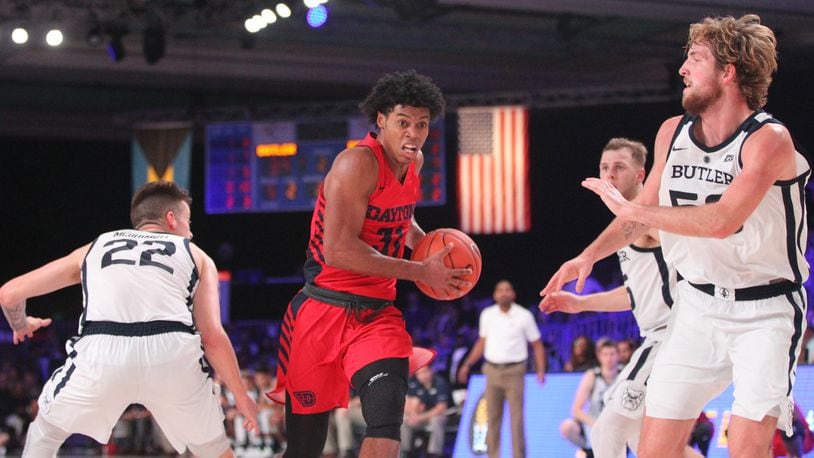 Dayton’s Jhery Matos drives to the basket against Butler in the first round of the Battle 4 Atlantis on Wednesday, Nov. 21, 2018, at Imperial Gym on Paradise Island, Bahamas.