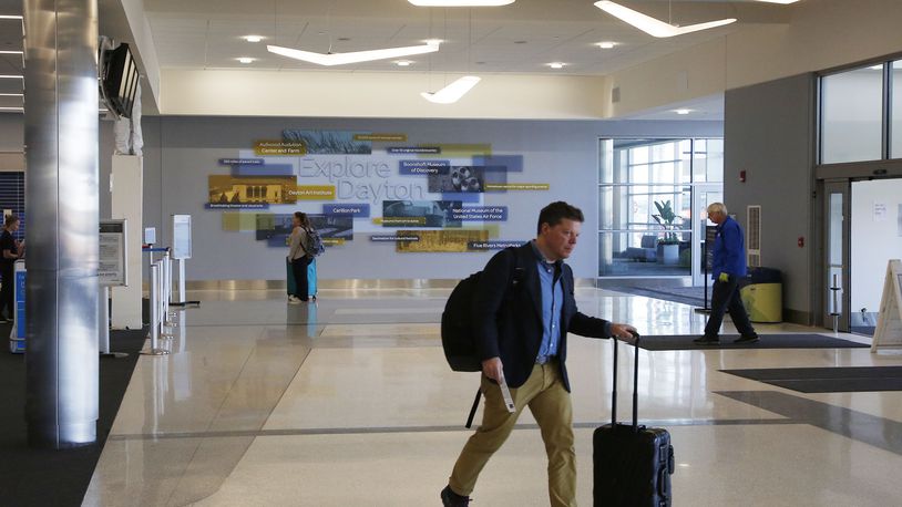 Renovation to the check-in area of the Dayton Airport terminal has been completed with a new terrazzo floors, full glass and steel exterior with a glass canopy to bring more natural light into the terminal. The area by baggage check will begin construction as part of the final stage. TY GREENLEES / STAFF