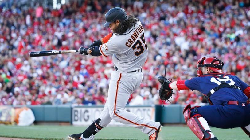 CINCINNATI, OH - MAY 05: Brandon Crawford #35 of the San Francisco Giants hits a two-run home run while pinch hitting in the ninth inning against the Cincinnati Reds at Great American Ball Park on May 5, 2019 in Cincinnati, Ohio. The Giants won 6-5. (Photo by Joe Robbins/Getty Images)