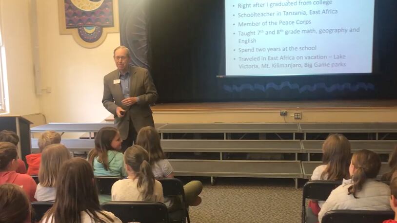 Former Ohio Governor Bob Taft speaks to fourth graders at Harman School in Oakwood.