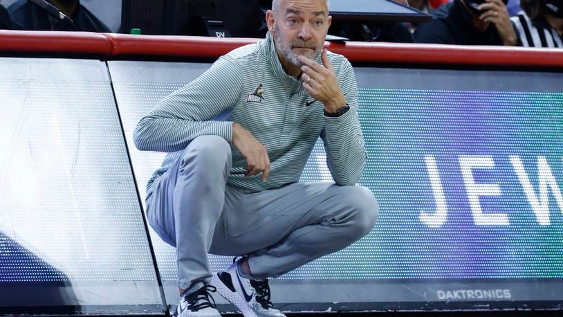Wright State head coach Scott Nagy watches during the first half of an NCAA college basketball game against North Carolina State at PNC Arena in Raleigh, N.C., Tuesday, Dec. 21, 2021. (Ethan Hyman/The News & Observer via AP)