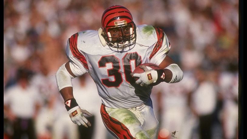 13 Jan 1991: Running back Ickey Woods of the Cincinnati Bengals runs with the ball during a playoff game against the Los Angeles Raiders at the Coliseum in Los Angeles, California. The Raiders won the game, 20-10.