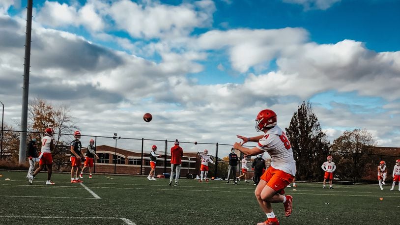 The Dayton Flyers football team practices in the fall of 2020. UD photo