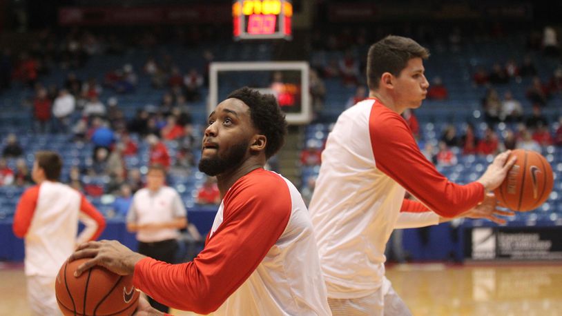 Dayton's Josh Cunningham warms up before a game against St. Joseph's on Feb. 7, 2017, at UD Arena.
