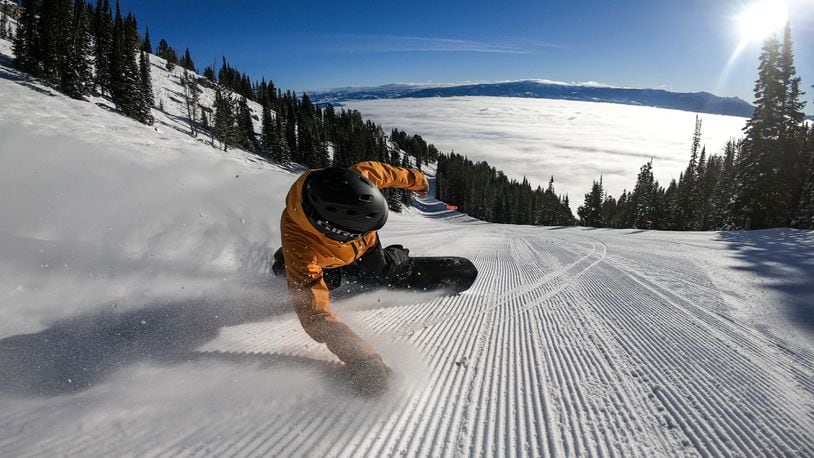 A snowboarder enjoys the solitude on a steep descent at Jackson Hole Mountain Resort in Wyoming. (Jackson Hole Mountain Resort)