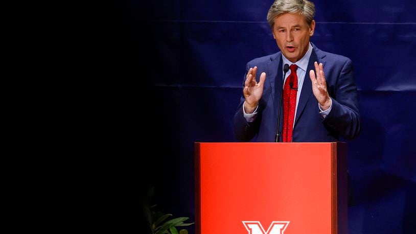Candidate Matt Dolan answers questions during the Ohio U.S. Senate Primary Republican candidate debate hosted by Miami University and WLWT Tuesday, April 5, 2022 at Harry T. Wilks Theatre inside Armstrong Student Center on the Miami University campus in Oxford. NICK GRAHAM/STAFF