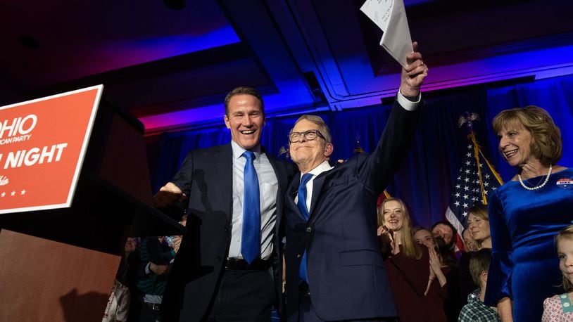 Republican Gubernatorial-elect Ohio Attorney General Mike DeWine and running mate Jon Husted take the stage during their victory party for Ohio’s gubernatorial race at the Ohio Republican Party’s election night party at the Sheraton Capitol Square on November 6, 2018 in Columbus, Ohio. Photo by Justin Merriman/Getty Images