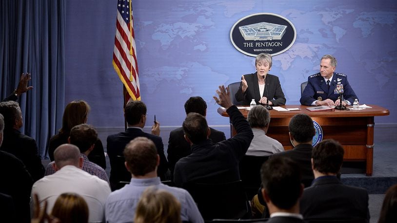 Secretary of the Air Force Heather Wilson and Air Force Chief of Staff Gen. David L. Goldfein answer questions during the State of the Air Force address at the Pentagon, Washington, D.C., Nov. 9, 2017. During the event, Air Force senior leaders addressed current Air Force topics and fielded questions from the media. (U.S. Air Force photo/Staff Sgt. Rusty Frank)
