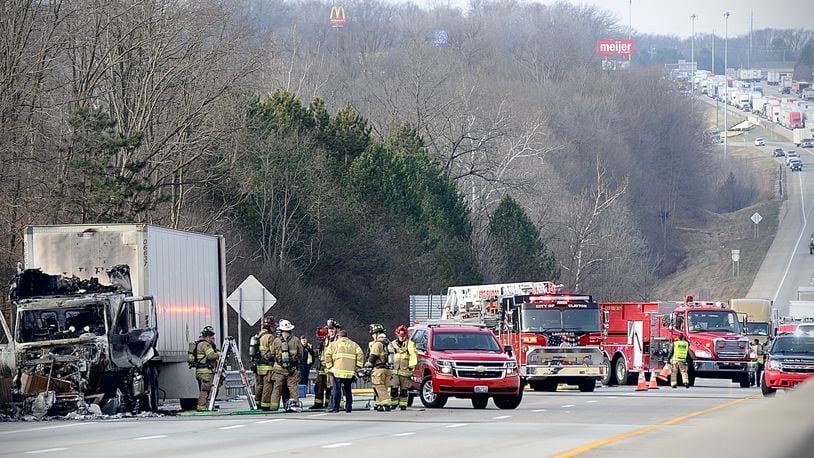 A tractor trailer on I-70 East in Englewood briefly closed the highway Wednesday Jan. 11, 2023, and caused traffic to back up. MARSHALL GORBY\STAFF