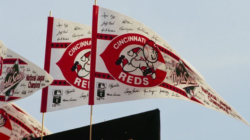 CINCINNATI - OCTOBER 1990:  Cincinnati Reds pennants are shown during the 1990 World Series against the Oakland Athletics at Riverfront Stadium in October 1990 in Cincinnati, Ohio. (Photo by Jonathan Daniel/Getty Images)