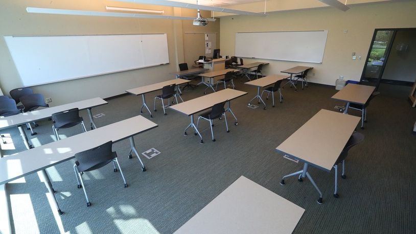 The seating in the Clark State classrooms has been reduced so students can be spaced apart. BILL LACKEY/STAFF
