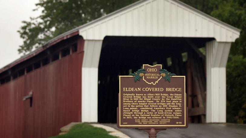 A Miami County Bicentennial Ohio Historic Marker was dedicated in 2007 on the site of the Eldean Bridge north of Troy. Photo by Jim Witmer
