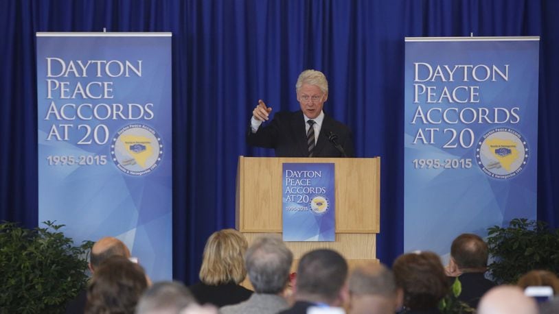 Bill Clinton arrives at the University of Dayton for the Dayton Peace Accords anniversary.