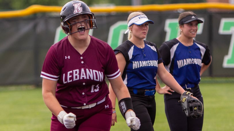 Lebanon's Teagan Ouhl rounds second base on her game-winning home run in Wednesday's 4-3 semifinal win over Miamisburg at Mason. Jeff Gilbert/CONTRIBUTED