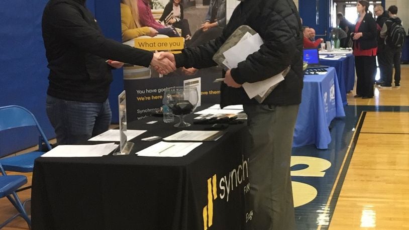 More than 60 employers were looking for new workers Wednesday, March 13, 2019 at the Xenia Job Fair, which was held in the gymnasium at Xenia High School, 303 Kinsey Road. RICHARD WILSON/STAFF