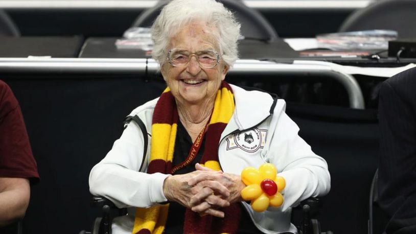 Loyola-Chicago team chaplain Sister Jean Dolores-Schmidt looks on before the Ramblers faced Michigan in Saturday's Final Four game.