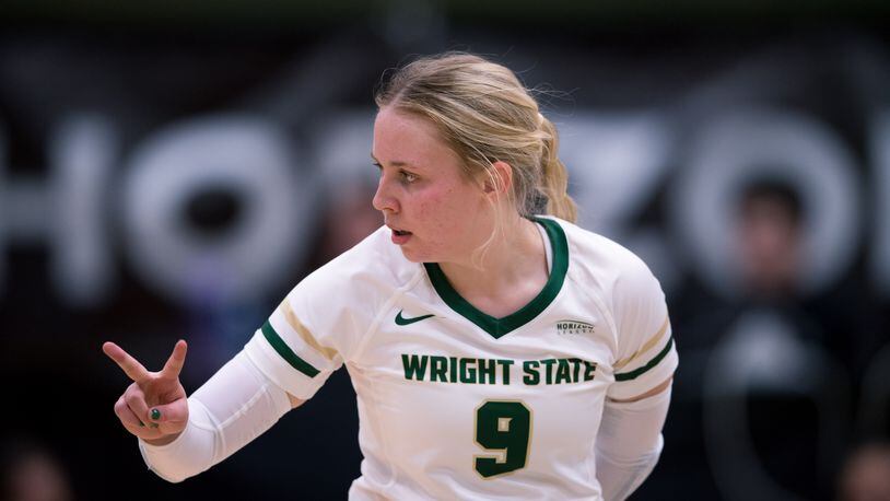 Wright State's Katie Meyer signals to teammates during the Raiders' Horizon League semifinal win over Cleveland State. Joseph Craven/Wright State Athletics