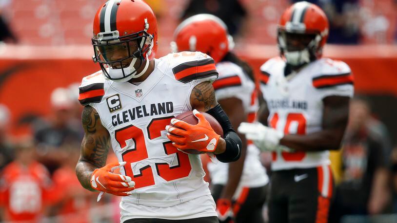 FILE - In this Sunday, Sept. 18, 2016 file photo, Cleveland Browns cornerback Joe Haden practices before an NFL football game against the Baltimore Ravens in Cleveland. Coach Hue Jackson isn’t denying a report that the Cleveland Browns are attempting to trade cornerback Joe Haden. Jackson says he wants the two-time Pro Bowler on his defense, but he deferred to Sashi Brown, the team’s top front-office executive, to make decisions that help the Browns, Tuesday, Aug. 29, 2017. (AP Photo/Ron Schwane, File)