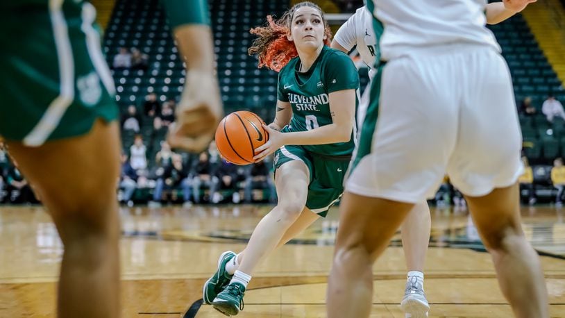 Cleveland State University's Mickayla Perdue, a Springfield High School graduate, drive the lane against Wright State on Wednesday, Jan. 17, 2024. Perdue scored 18 points Monday in the Vikings' Horizon League semifinal win over the Raiders. Michael Cooper/CONTRIBUTED