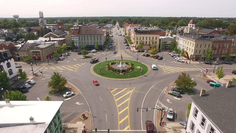 Troy downtown looking toward the traffic circle and businesses on South Market Street. TY GREENLEES / STAFF