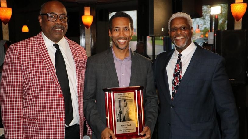Eric Bradley, former Wilbur Wright star and longtime City League coach who is the founder of the Varsity Club, with philanthropist Vercie Lark, a former Wilbur Wright basketball player and Chuck Taylor, who starred in football at Roth and Howard University and recently coached basketball at Dunbar.  Photo courtesy of Paul Henderson Photography