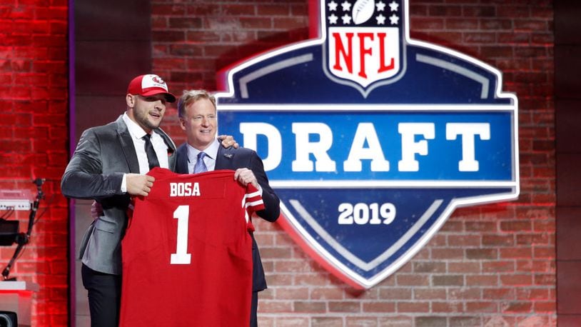 NASHVILLE, TN - APRIL 25: Nick Bosa of Ohio State with NFL commissioner Roger Goodell after being announced as the second pick in the first round of the NFL Draft by the San Francisco 49ers on April 25, 2019 in Nashville, Tennessee. (Photo by Joe Robbins/Getty Images)