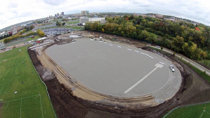 The Oakwood Athletic Complex is beginning to take shape. The cement foundation was poured last week. Artificial turf and the track are expected to follow this week. The field is on course to be open by the first of the year. SKY 7 / STAFF