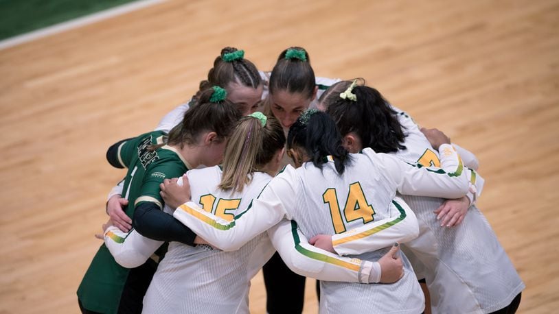 The Wright State volleyball team huddles during a match against NKU on Nov. 1 at McLin Gym. Joseph Craven/Wright State Athletics