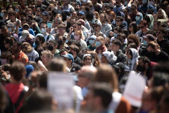People gather as Columbia University faculty speak against the university’s crackdown on pro-Palestinian students at Columbia University in New York, Monday, April 22, 2024.  (C.S. Muncy/The New York Times)