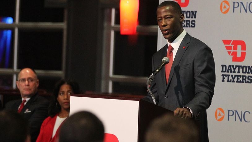 Dayton basketball coach Anthony Grant speaks at his introductory press conference on Saturday, April 1, 2017, at UD Arena. David Jablonski/Staff