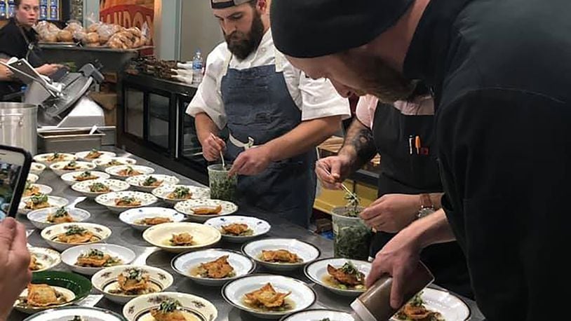 Andy Bagherian and his long time friend and cofounder of Jollity, Zackary Weiner work together often during the many Jollity pop-up events. Here they are plating a main course prior to serving to customers. CONTRIBUTED
