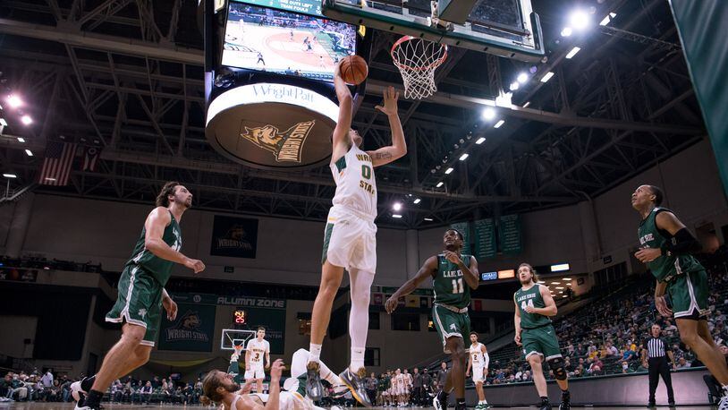 Wright State's Grant Basile puts up a shot during Tuesday's season-opening win over Lake Erie College at the Nutter Center. Joe Craven/Wright State Athletics