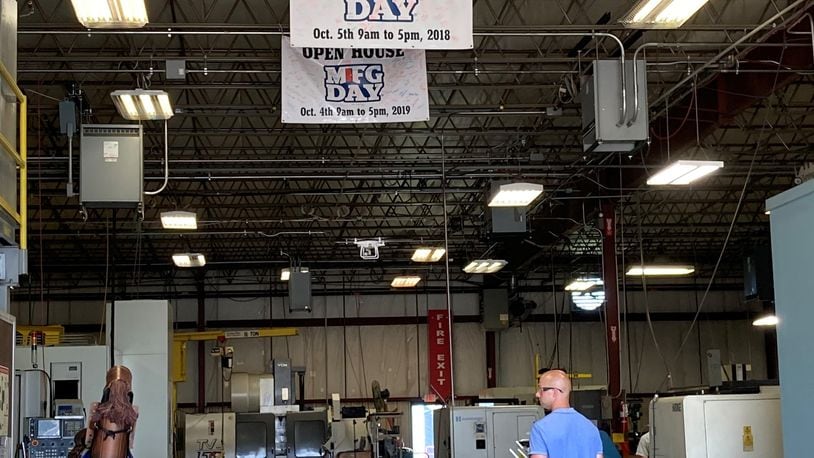 Videographer Joel Nordstrom flying his drone around Detailed Machining in Sidney to get aerial shots of the shop floor. The Dayton Region Manufacturers Association commissioned videos of several member plants to offer students "virtual" tours on Manufacturing Day, which is Oct. 2. Contributed