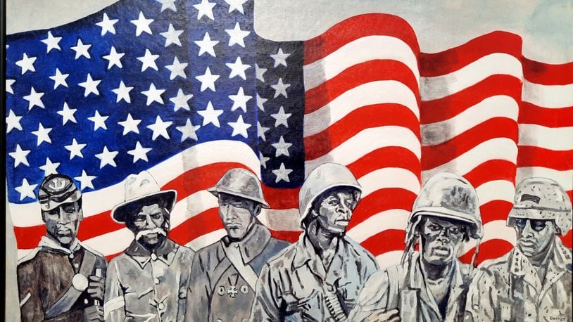 This artwork, entitled "Colored Soldiers" by artist Clifford Darrett, is among the artworks on display for Black History Month at Edward A. Dixon Gallery, 118 W. First St., in Dayton. CONTRIBUTED
